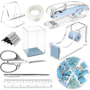 DRQ Blue Desk Organizers and Accessories Office Supplies, 10Pcs Set for Office with Stapler, Tape Dispenser, Pens, Pen Holder, Phone Holder, Tape, Ruler, 1 Box Staple, Scissors and 1 Box of Clip
