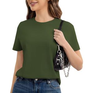 Cotton Short Sleeve T Shirts for Women Basic Tee Tshirts Plain Casual Summer Tops (X-Large, Olive Green)