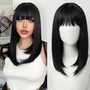 Black Short Bob Wig for Women,16 Inch Straight Black Bob Wig with Bangs Heat Resistant Synthetic Wigs Shoulder Length Natural Looking for Daily Use(Black)