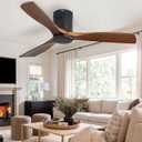 Sofucor 52 Inch Solid Wood Ceiling Fan Without Lights Flush Mount Ceiling Fan with Remote Control-Wood Blades Modern Outdoor Ceiling Fans No Light for Bedroom/Farmhouse/Patio/Indoor, Brown Black