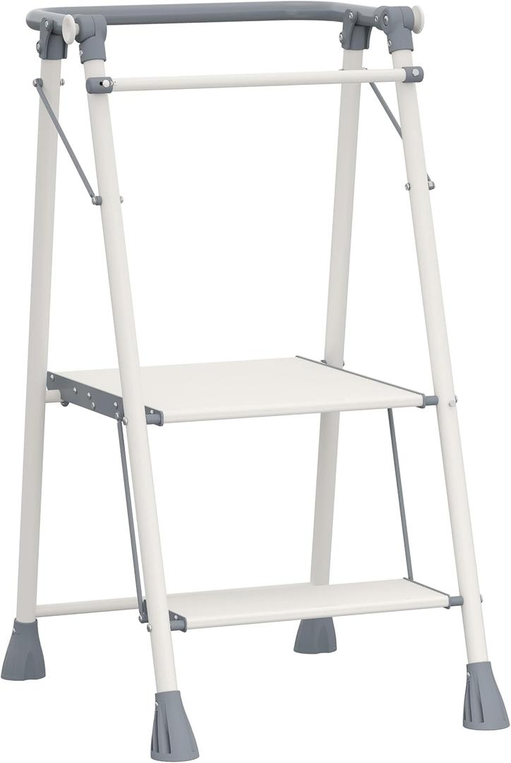 SDADI 2-Step Folding Kitchen Step Stool for Kids & Adults, Toddler Tower with Safety Bar & Snack Tray, Wide Non-Slip Steps, 225lb Capacity, Steel Frame, Easy Storage for Home Use (Gray)