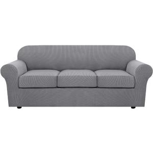 H.VERSAILTEX 4 Piece Stretch Sofa Covers for 3 Cushion Couch Covers for Living Room Furniture Slipcovers (Base Cover Plus 3 Seat Cushion Covers) Upgraded Thicker Jacquard Fabric (Sofa, Dove) (Large)