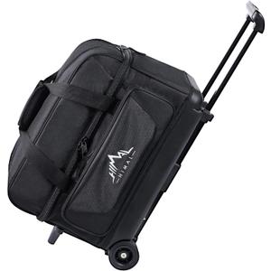 Double Roller 2 Ball Bowling Bag with Separate Shoe Compartment for Bowling Shoes (Up To US Mens Size 15) and Oversized Accessory Pocket, Retractable Handle - Extends to 40" (Black)