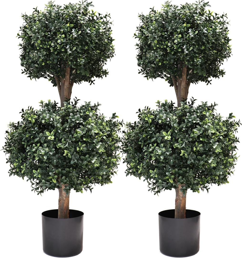 3Ft-35'' Artificial Boxwood Double Ball Topiary Trees,2PACK Faux Topiaries Tree Store Garden Indoor&Outdoor for Porch Home Decor