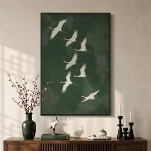 Large Framed Vintage Green Bird Wall Art for Living Room, Japanese Green Zen Asian Canvas Painting Prints Artwork for Walls, Minimalist Oriental White Crane Wall Art for Dining Room Hallway, 24x36