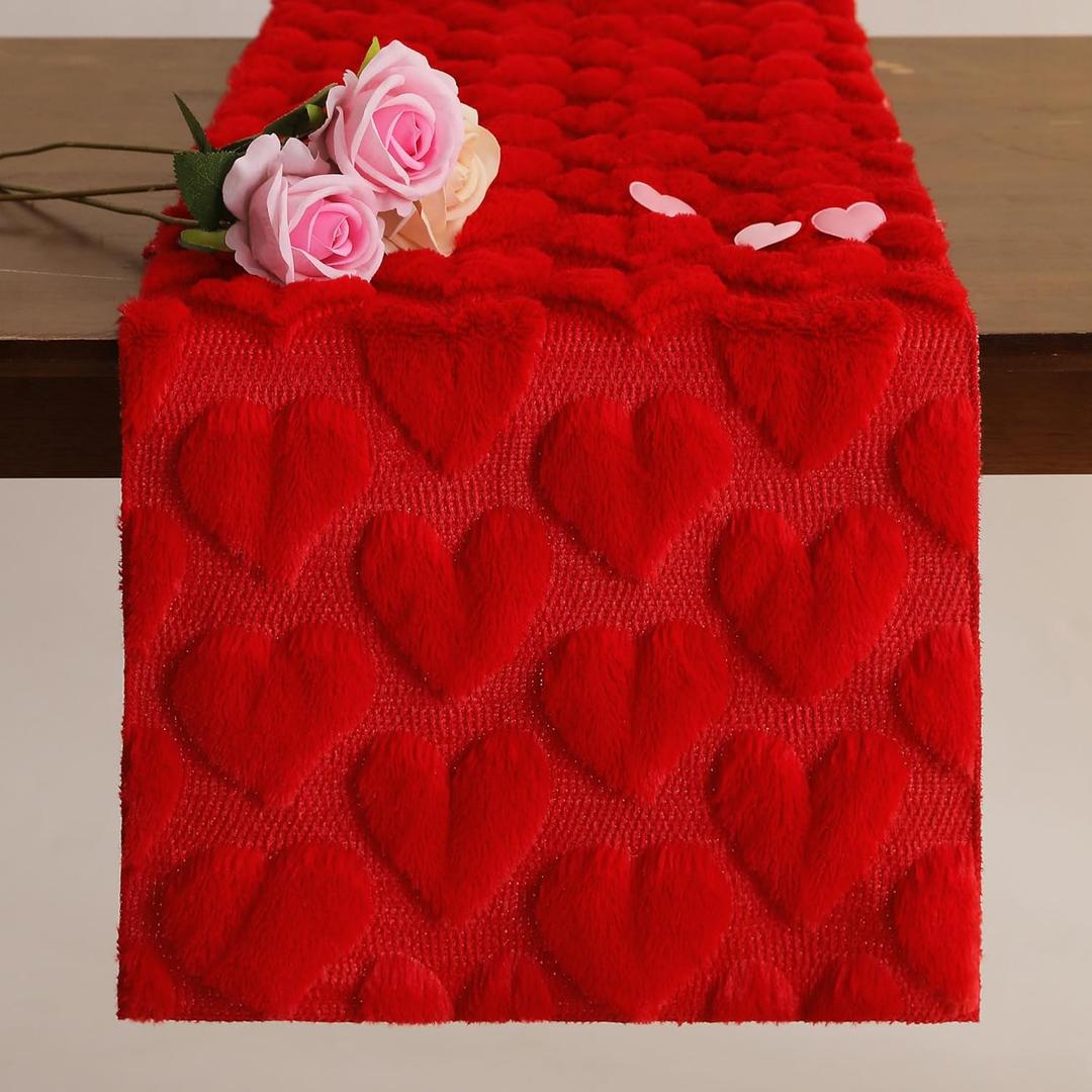 Valentines Tbale Runner 13x72 Inch Soft Plush Faux Fur Jacquard Red Heart Table Runner, Seasonal Kitchen Dining Table Valentine's Day Decoration for Home Party Decor ZR004A72