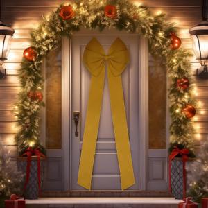 XunYee 82.6 x 27.5 Inch Christmas Extra Large Front Door Bow Decorations Giant Oversized Velvet Tree Bows Decorative with Long Streamers for Xmas Door Wreath Wall Porch Decorations(Khaki)