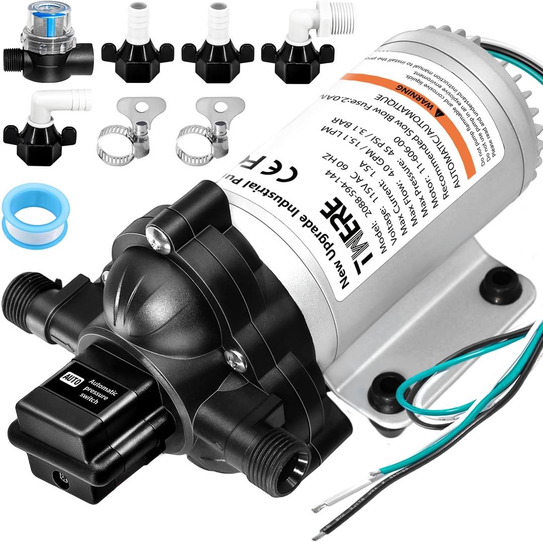 2088-594-154 Industrial Diaphragm Water Pump,45PSI/3.1Bar 3.3GPM/11.4LPM 115V 198GPH Industrial Pump,1/2in Portable Electric Utility Industrial Pump for Beverage and Water Applications