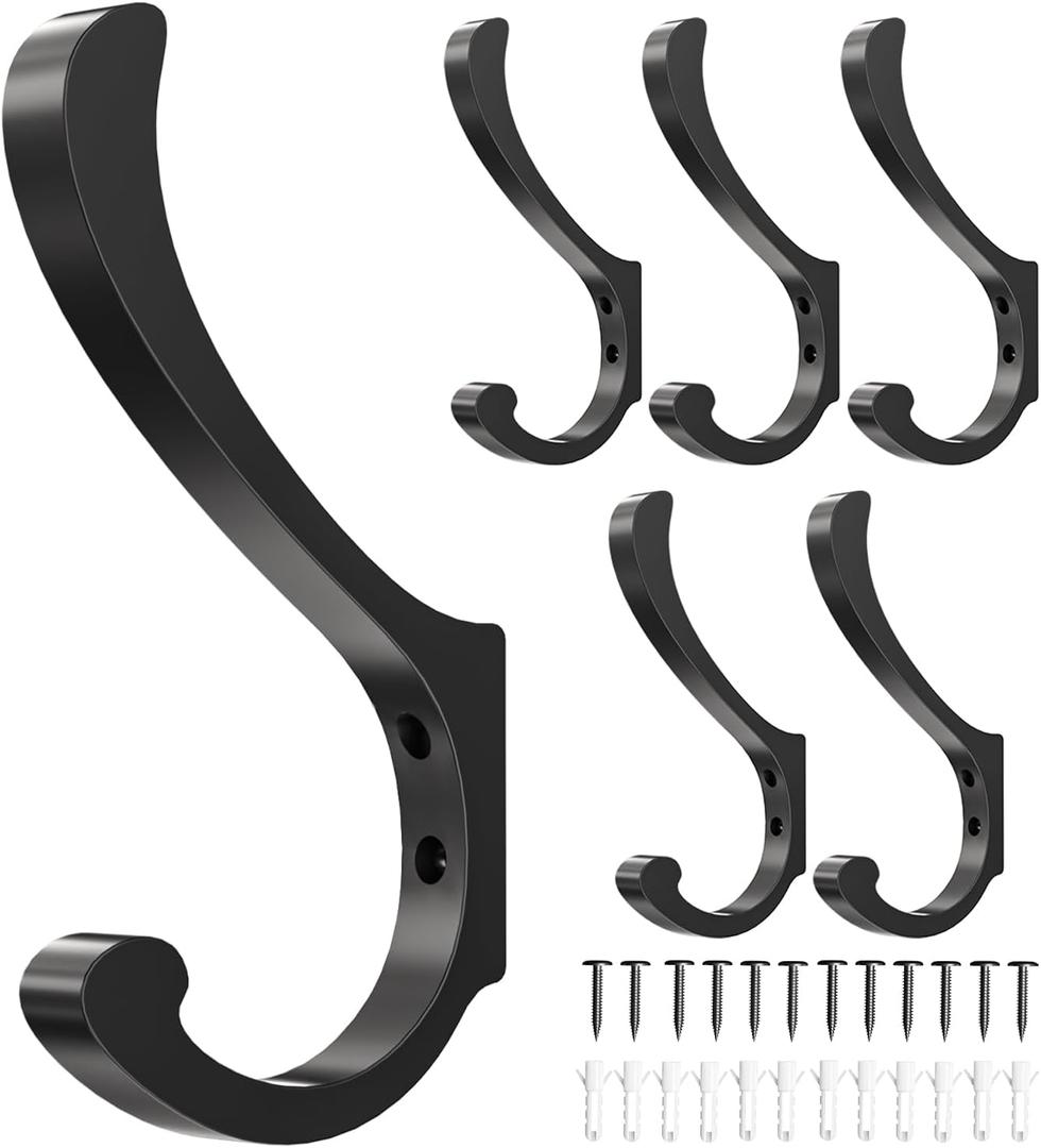 Hanging Coat Hooks Wall Mount - Heavy Duty (30LB), Large Coat Hanger Wall Hangers, Metal Hooks For Towels, Backpacks, Hats, Jackets, Keys, Bags, Robes, Dog Leashes (6 Pack) (Black)