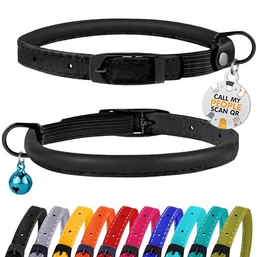 BRONZEDOG Cat Collar with Bell Kitten Rolled Leather Collars Safety QR ID Name Tag (Black Midnight)