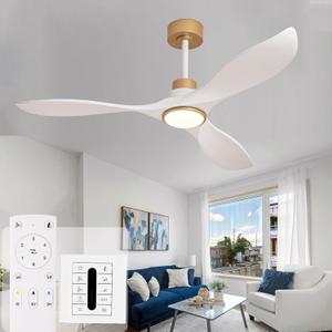 52" Solid Wood Ceiling Fans with Lights and Remote, Outdoor 3 Blade White Gold Ceiling Fans with Wall Control, 6 Speed, Dimmable, Quiet DC Motor for Patio, Bedroom, Living Room