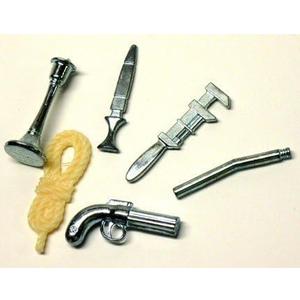 Clue Board Game Replacement Weapons Set (6) Pewter Rope Candlestick Dagger Wrench Lead Pipe Revolver, Small