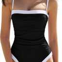 QINSEN Women's One Piece Swimsuit Color Block Tummy Control Bathing Suit Vintage Square Neck Spaghetti Straps Swimwear, XL
