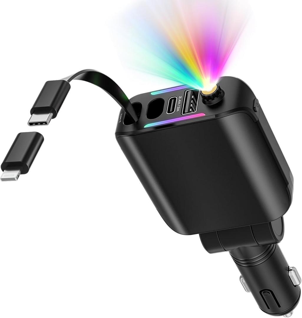Retractable Car Charger with Starlight, 4 in 1 [120W] USB C for iPhone and Android Car Charger Fast Charging, Compatible with iPhone 16/15/14/13/12/11, Valentines Gifts for Women Men (Black) (Black - Single line)