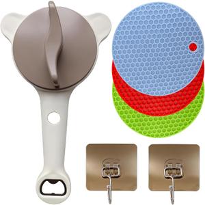4-in-1 Jar & Bottle Opener for Seniors - Easy Grip | Multi functional & adjustable Ergonomic handle, non-slip grip Stainless, silicone pads Jars, bottles & beer, hooks included