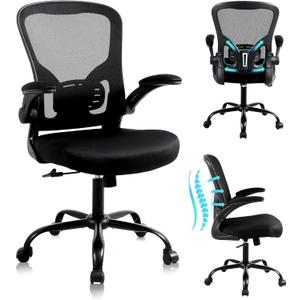 Flysky Mesh Office Chair, Ergonomic Computer Desk Chairs for Home Office - with Comfy/Comfortable Flip-up Arm Rests, Lumbar Support, Height Adjustable, 360 Degree Rolling Swivel (Black)
