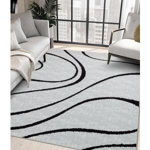 YIHOUSE Abstract Washable Rug 5x7,Ultra-Thin Non Slip Gray and White Rugs for Living Room,Modern Minimalist Black Stripe Rugs for Bedroom,Throw Carpet for Dining Room Office Playroom (5'x7',Gray)