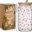 Wildflower Floral 16oz Glass Drinking Cup with Bamboo Lid Christian Gifts for Women Mother, Cute Flower Drinking Glass Gifts for Bestie Mother Birthday Bridesmaid Party