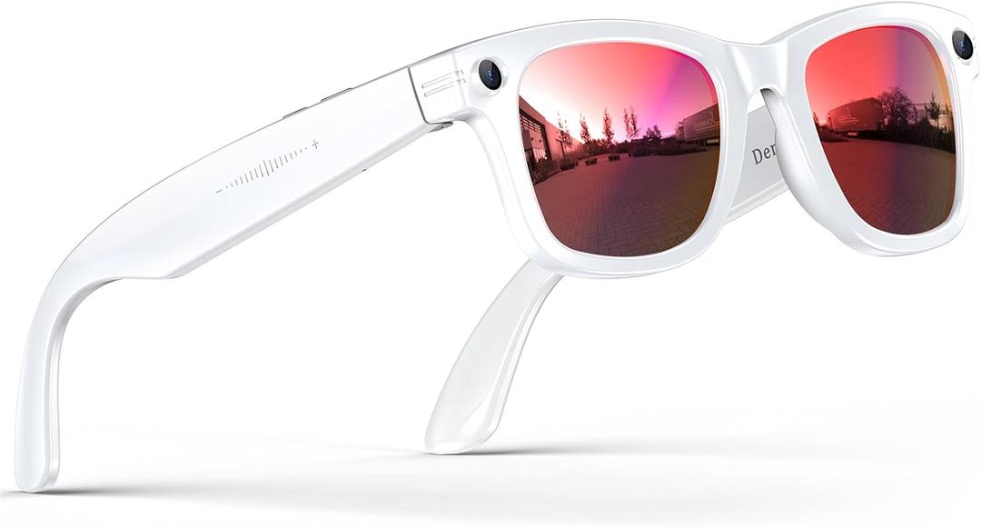 Smart Glasses with Camera, 800w Anti-Shake Camera Glasses, Ai Real-Time Translation, Ai Object Recognition, Voice Assistant, IP67 Sunglasses for Men Women Suitable for Driving and Outdoor Activities (White eyeglass frames/red lenses)