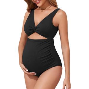 Maternity One Piece Swimsuits for Women - Ribbed Cutout High Waist Maternity Bathing Suits Tie Knot Pregnancy Swimwear 2026 Black, M