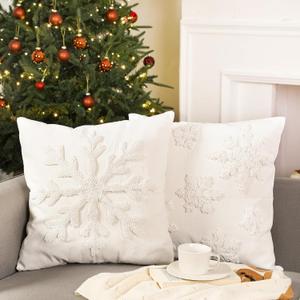 2 Pcs Snowflake Pillow Covers 18x18 Inch Christmas Winter Pillow Covers 3D Tufted White Snowflake Throw Pillows Cases Embroidery Christmas Pillowcase for Couch Sofa Bed Room Xmas Holiday Decor