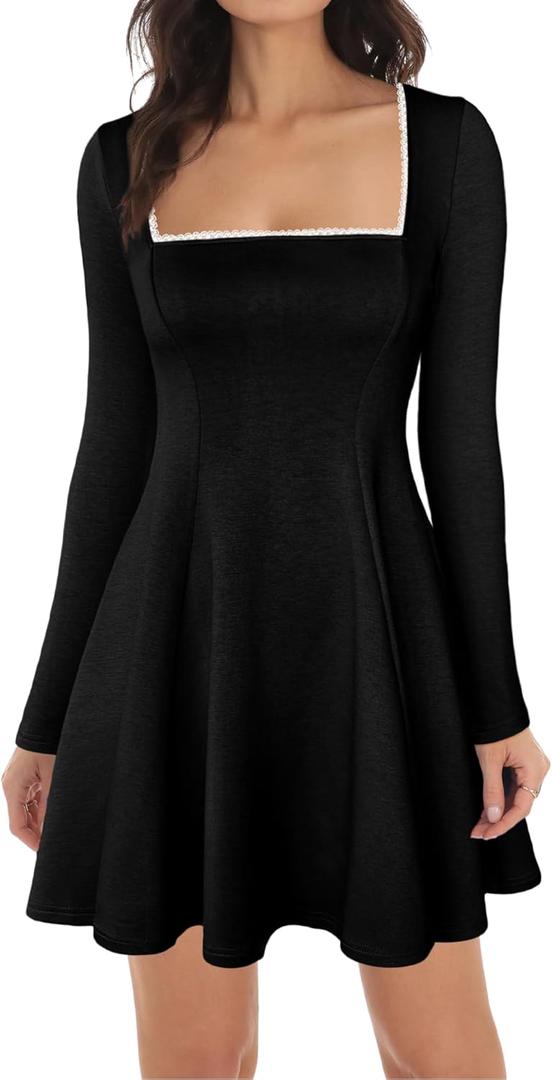 Lrady Womens Square Neck Bodice Dress Long Sleeve Flare A Line Club Party Mini Ruffle Swing Short Dresses (Black, Large)