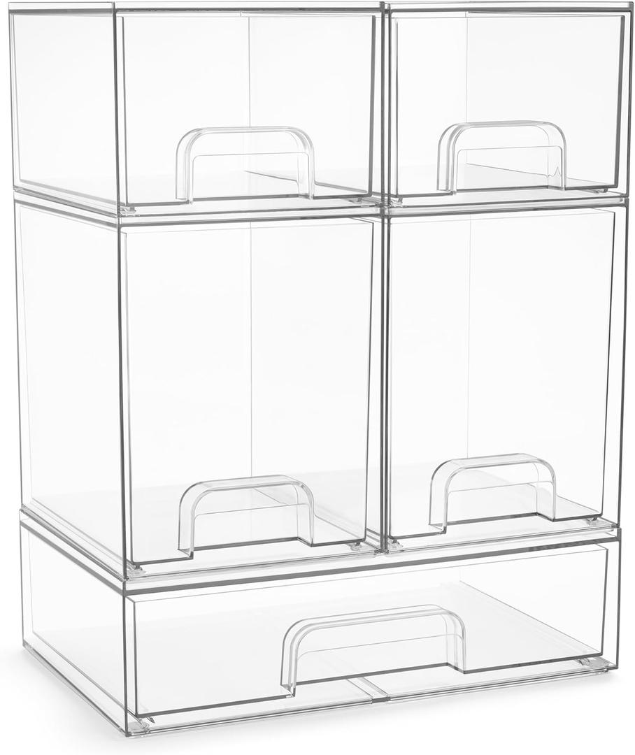 Sorbus Acrylic Storage Containers - 5 Pack, Stackable Storage Bins Set for Bathroom Organization - Clear Acrylic Drawer Organizers - Makeup Case Pull-Out Drawers (7.6 and 4.4 Tall and 12.1 Wide)