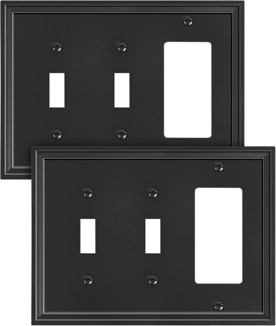 2-Pack Combo Decorator/Double Toggle Light Switch Cover Plate, Black Modern Decorative Electrical Outlet Covers, Bamboo Fiber Wall Switch Plates and Outlet Covers