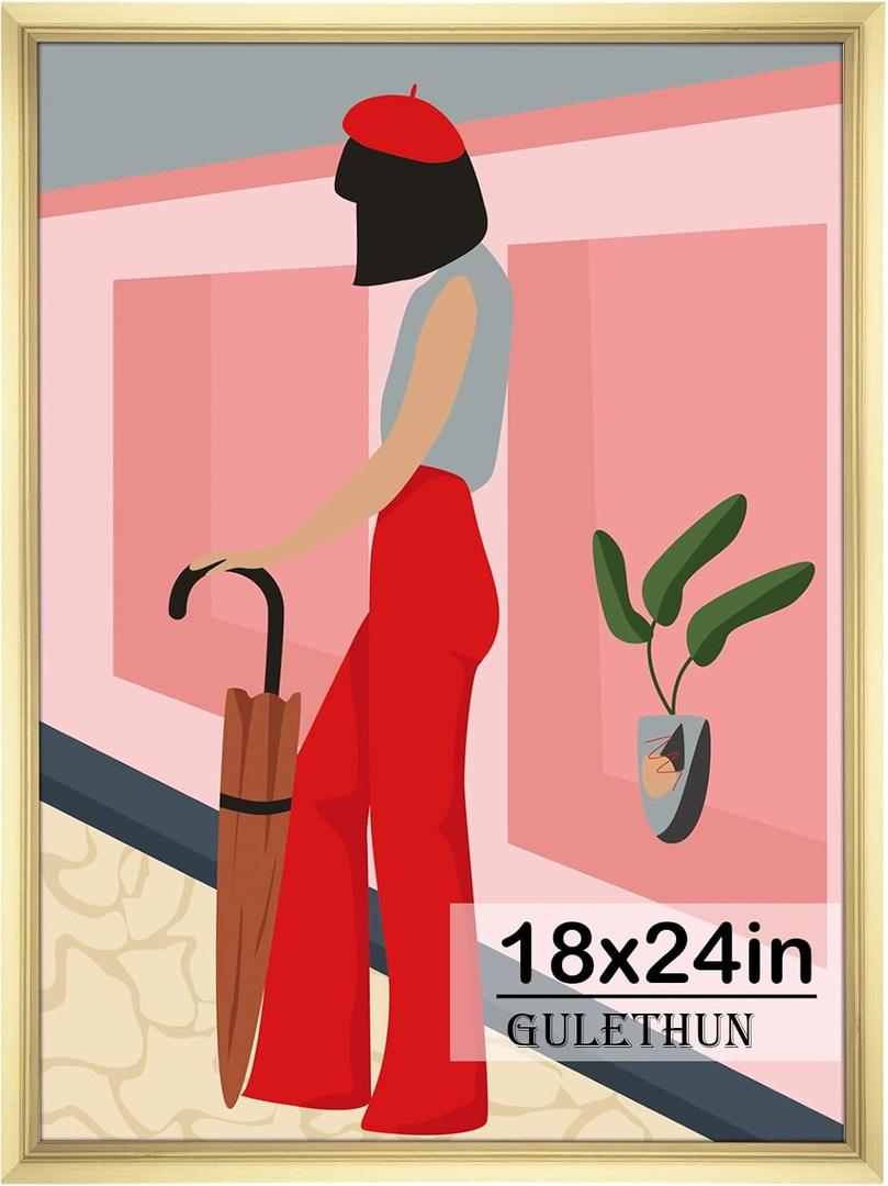 GULETHUN 18x24 Picture Frame, Gold Poster Frame, Home Decor Natural Gallery Frames, Horizontal or Vertical Format, Sturdy, Plexiglass, Large Wall Decor, for Photos, Artworks, Posters
