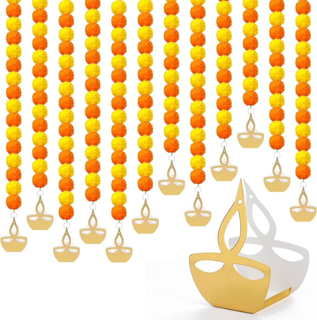 Norme 12 Pcs Marigold Garland 2.6 ft Long Strands Artificial Marigold Flowers Garland with Pendant Flower String Indian Diwali Decorations for Pooja Indian Wedding Dia De Los Muertos(Orange Yellow)