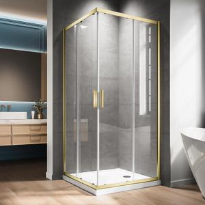 Corner Shower Enclosure 34" L X 34" W X 76" H. Double Corner Sliding Shower Door With 1/4 In Nano-Coated Tempered Glass,Shower Glass Doors In Brushed Gold Hardware Kit for Upgrade Your Bathroom