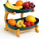 Fruit Bowl With Bamboo Wood Stand, Fruit&Vegetable Candy Dish Decor Basket for Kitchen CounterLarge Capacity Vegetable Storage Stand Snacks Rack Tray Plate Rack (2-Tier, Green)