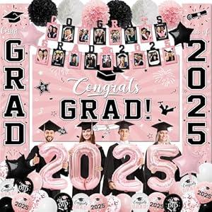 2025 Graduation Decorations, Pink Themed Class of 2025 Decorations Set, Congrats Grad Backdrop, Photo Banner, Door Banner, Balloons and Pom Poms Supplies for High School College Graduation Party