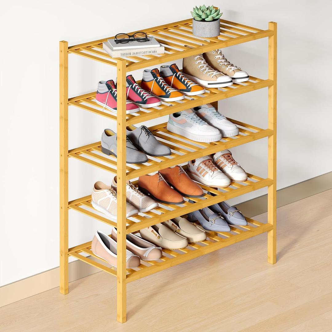 Smiry Bamboo Shoe Rack for Closet, 5 Tier Wooden Stackable Shoe Organizer, Free Standing Shoes Storage Shelf for Entryway, Front Door Entrance, Natural
