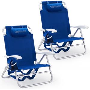 Old Bahama Bay 2 Pack 7-Position Lay-Flat Beach Chair, Lightweight Aluminum Frame Reclining Backpack Chair with Padded Headrest, Cup Holder & Storage Bag, Heavy Duty Support for Tanning & Camping Blue