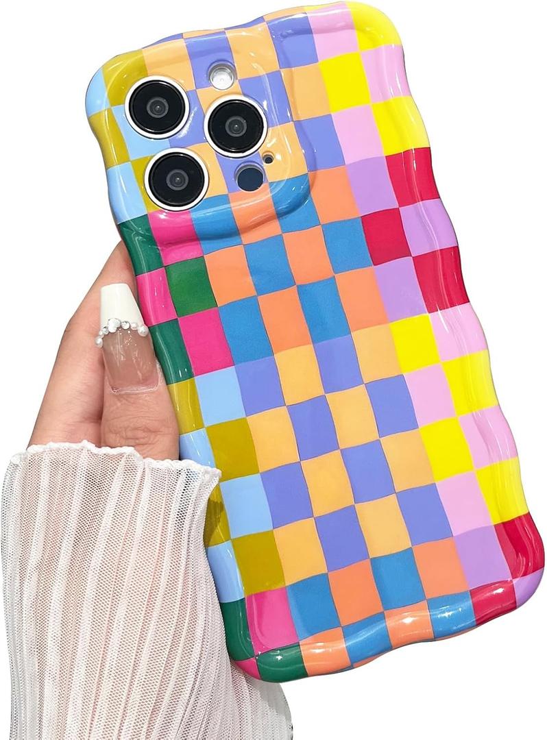 Compatible with iPhone 15 Pro Max Case, Cute Wave Curly Colorful Checkerboard Plaid Phone Case for Women/Men, Soft TPU Shockproof Protection Case Designed for iPhone 15 Pro Max (Colorful 2)
