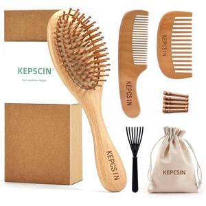 KEPCSIN 3PCS Solid Wooden Hair Brush and Small Wood Comb, Detangling Brush with Natural Bristles, Portable Scalp Massage Kit for All Hair Types, Wood Haircare Gift for Women/Men