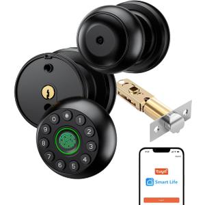eLinkSmart Smart Keypad Door Knob Fingerprint Door Lock Keyless Entry Ball Door Lock for Bedroom Office Apartment with Real Buttons Support Tuya App (Black)