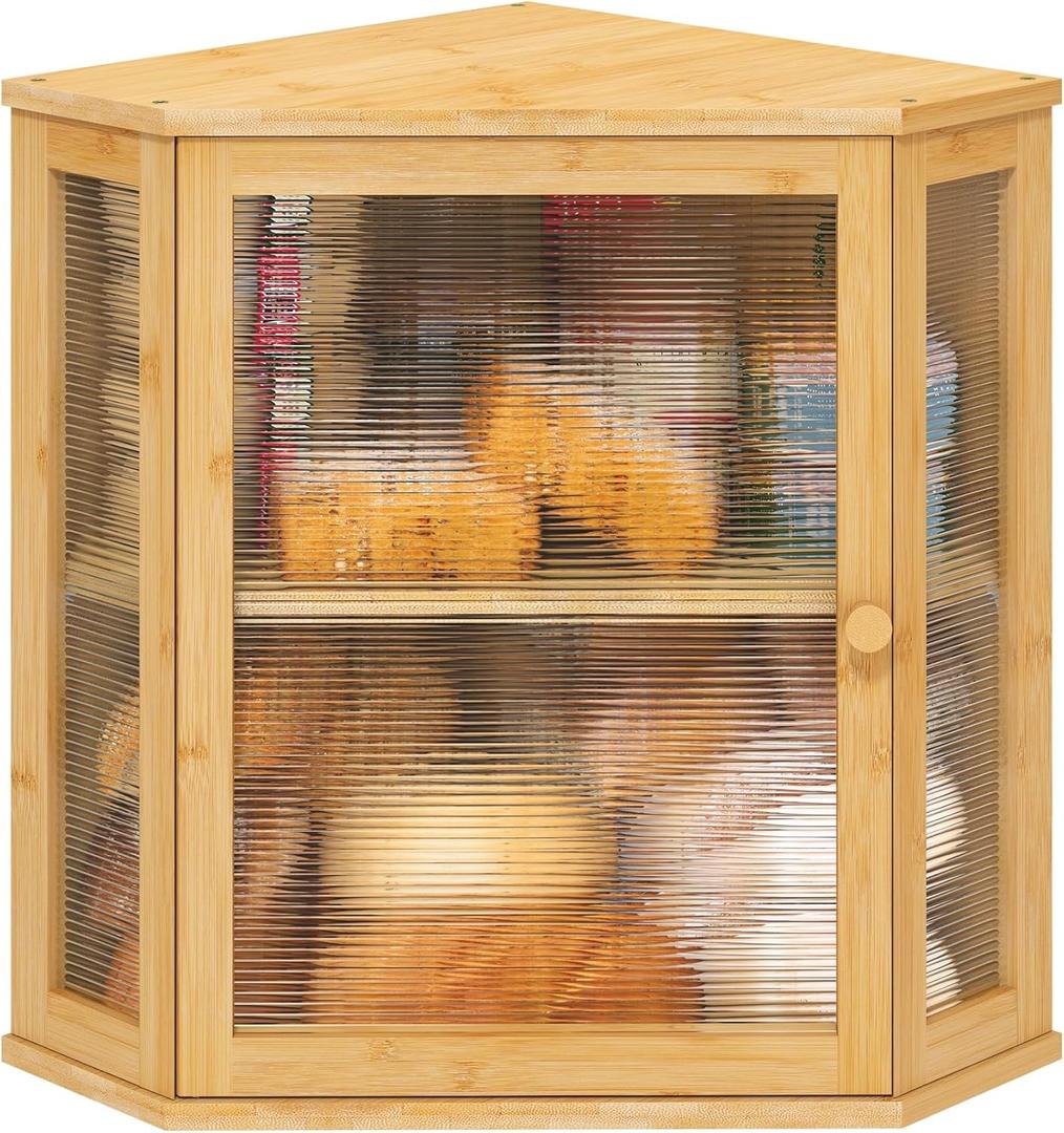 viewcare Corner Bread Box for Kitchen Counter, Bamboo Wood Large Capacity Bread Storage Bin with Acrylic Wavy Door Panel (Natural, Extra Large)
