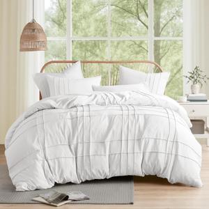 Comfort Spaces White Queen Size Duvet Cover Set - 3 Pieces Pintuck Pleated Duvet Cover Queen, All Season Lightweight, Extra Softness Pre-Washed Microfiber Queen Bedding Cover Shams, Full/Queen