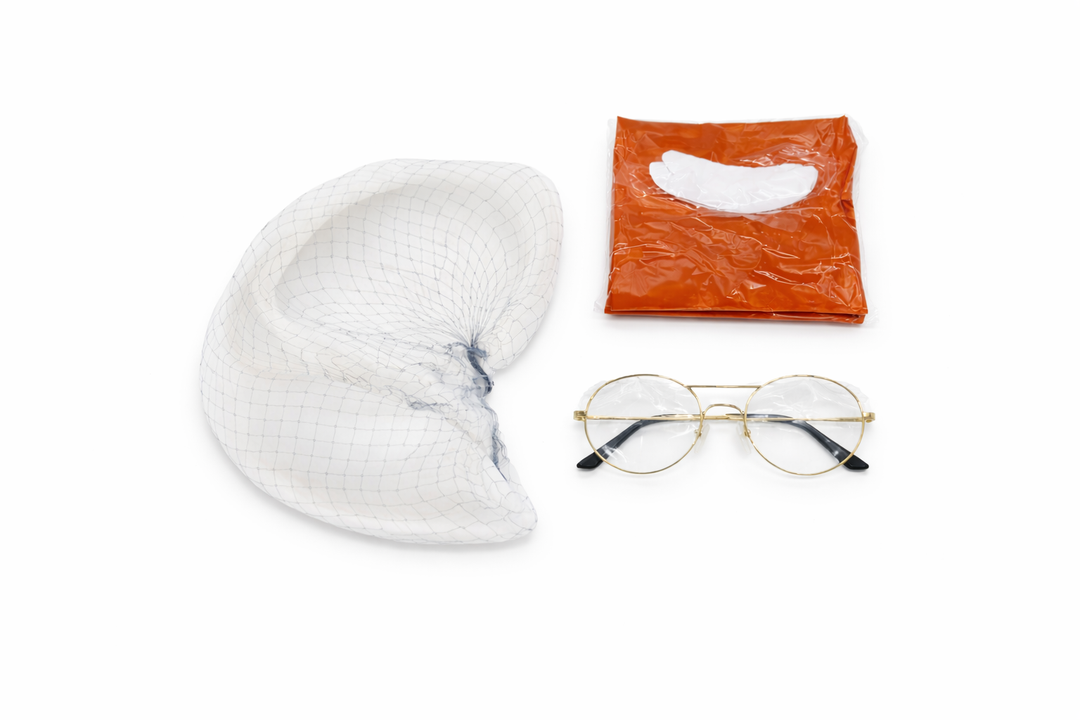 Old Man Costume Accessory Set – Realistic Bald Cap/Hair Net, Gold Round Frame Glasses