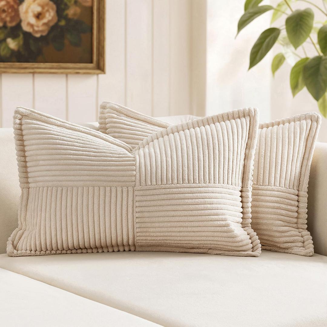 MIULEE Decorative Lumbar Throw Pillow Covers for Couch Bed Livingroom 12x20 Inch Set of 2 Beige Boho Accent Throw Pllows Broadside Striped Patchwork Soft Corduroy Pillowcases