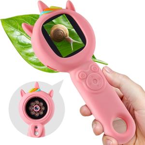 Kids Microscope- 500x Magnification,16X Zoom,Handheld Microscope for Kids with HD Cam,Portable Science Learning Tool,Christmas Birthday Gifts for Boys Girls Aged 3-12 (Pink)