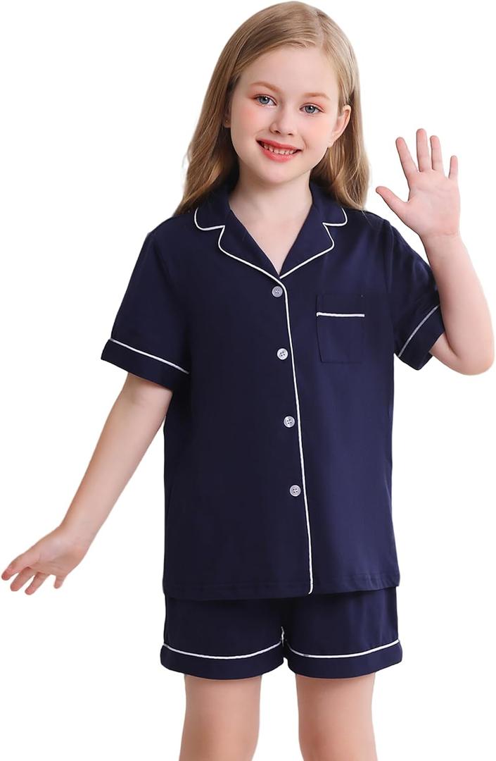Veseacky Girls Pajamas Sets 100% Cotton PJ ButtonDown Long Sleeve 2 Piece Pajamas Set Boys Girls Pjs  (120-160) (8-9 Years, B-Short-Navy Blue)