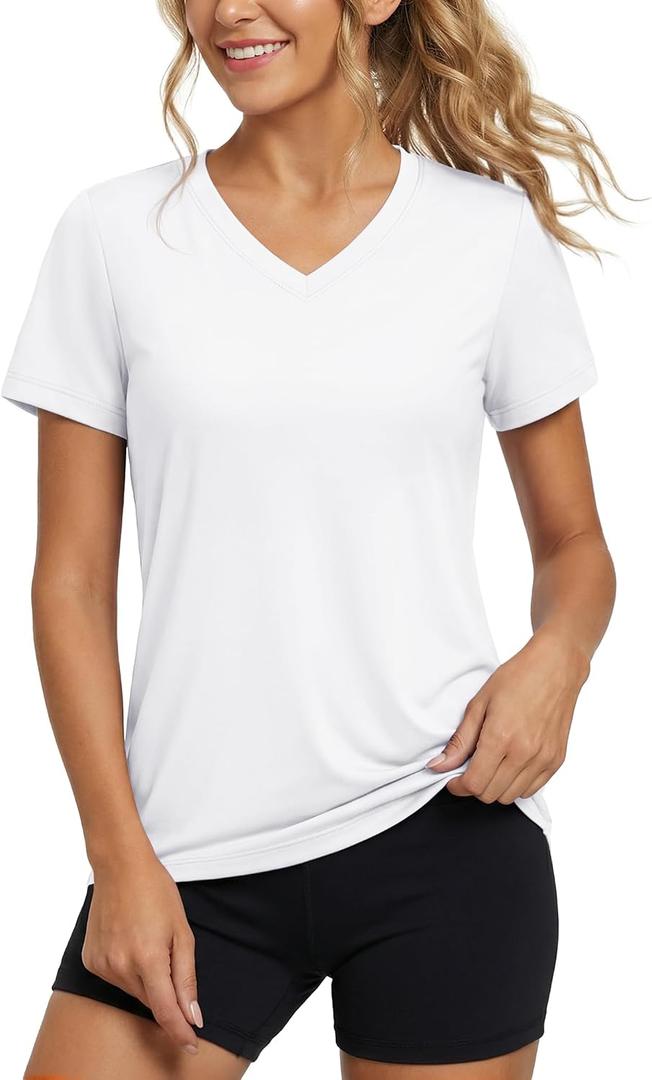 MAGCOMSEN Women's Workout Tops UPF 80+ V-Neck Short Sleeve Quick Dry Shirt | UV Protection, Breathable, Moisture Wicking, V-Neck Tee, 4-Way Stretch, Athletic, Outdoor Activities, Summer Tees (S)