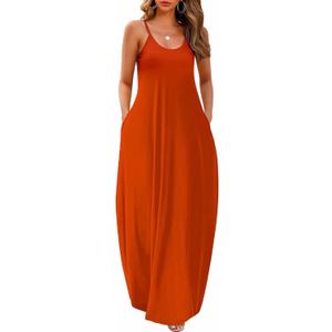 Wolddress Womens Maxi Dress with Pockets 2026 Casual Strap Plus Size Loose Plain Long Office Summer Beach Travel Dresses (Large, Orange)