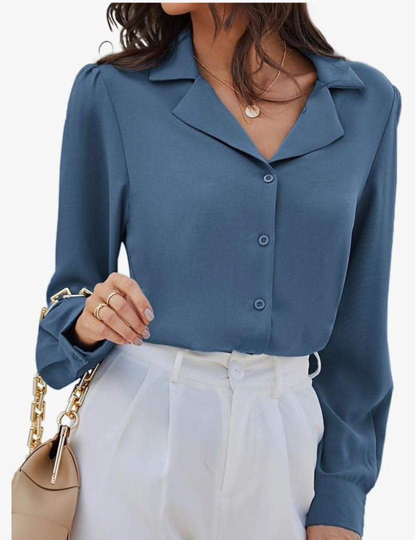 Women's Button Down Shirts Puff Sleeve Tops V Neck Work Business Casual Loose Blouse Haze Blue, XXL
