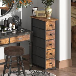 GiftGo Narrow Dresser Vertical Slim Dresser Chest of Drawers Skinny Storage Tower for Small Spaces Gaps Closet Bedroom Bathroom Small Fabric Drawer Unit (Rustic Brown, 5 Drawers)