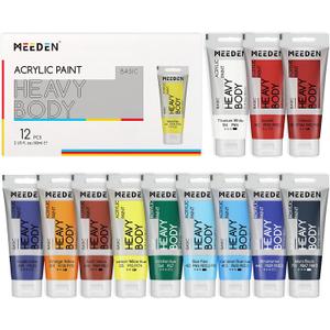 MEEDEN Heavy Body Acrylic Paint - Basic Satin Finish 12 x 60ml (2 oz) Color Paint Set for Adults - Rich Pigment Halloween Art Craft Paints for Fabric Rock Canvases Pumpkin Painting