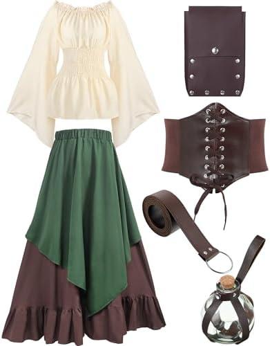 Hillban Women Medieval Renaissance Dress Costume Halloween Blouse Top Skirt Pouch Bottle Corset Belt Medium